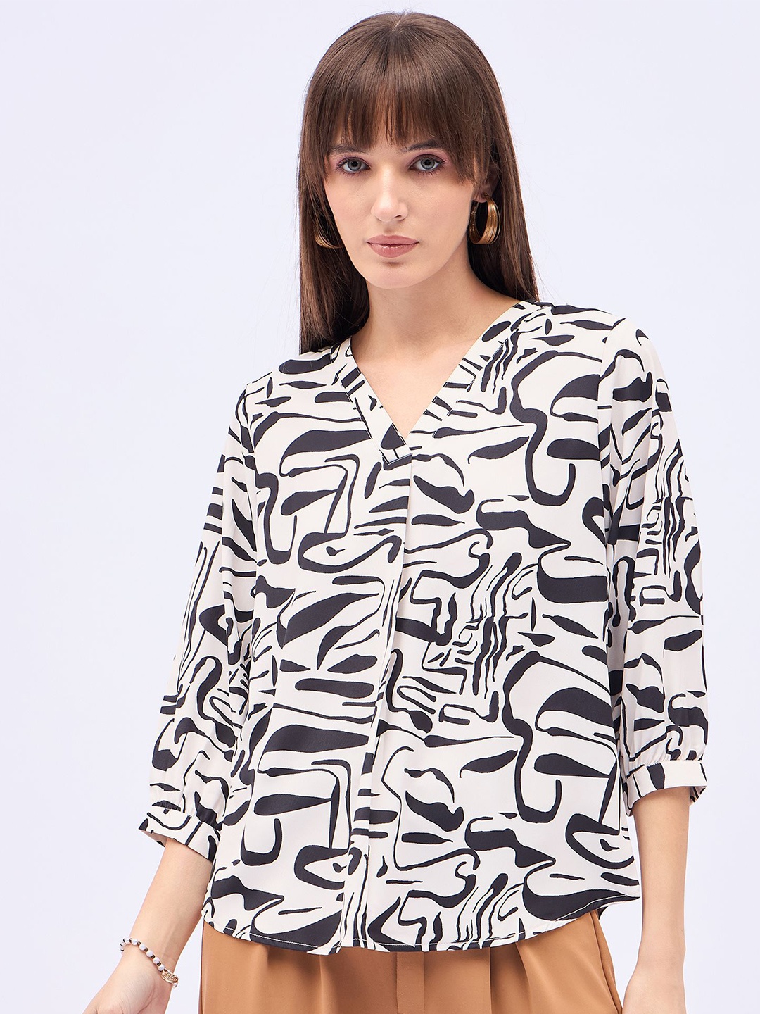 

DressBerry Print Puff Sleeve Satin Top, Cream