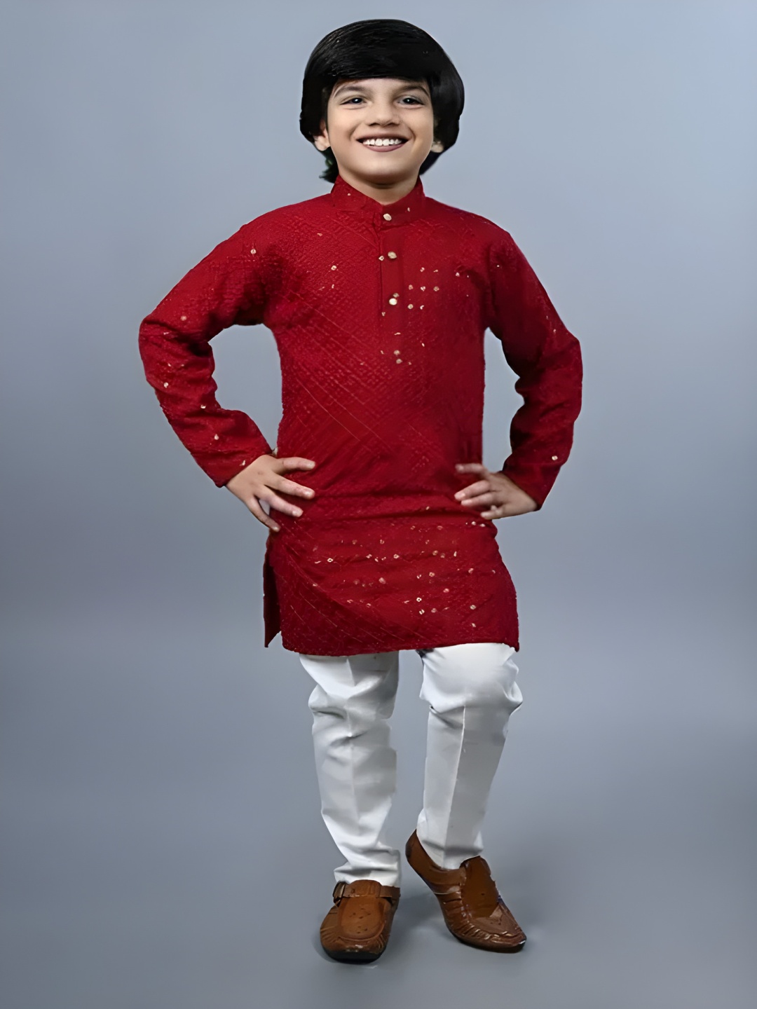 

Qtsy Boys Floral Embroidered Band Collar Sequinned Pure Cotton Straight Kurta With Pyjamas, Maroon