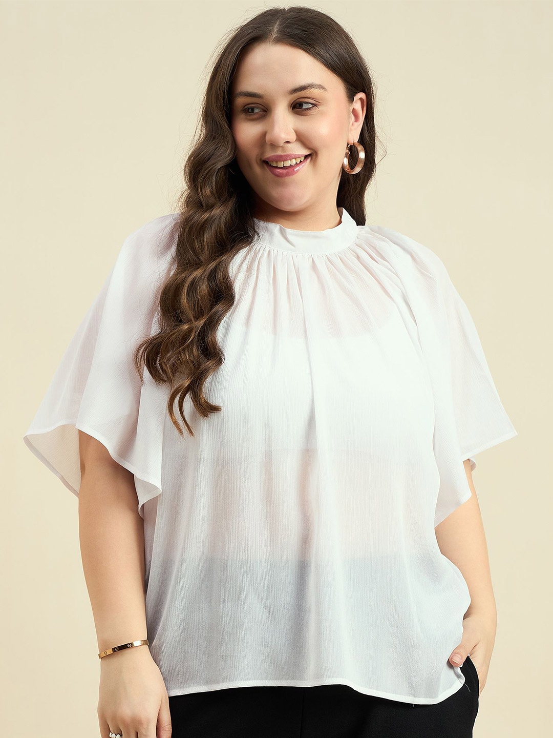 

DressBerry Curve Women Solid pattern Flutter Sleeve Top, White