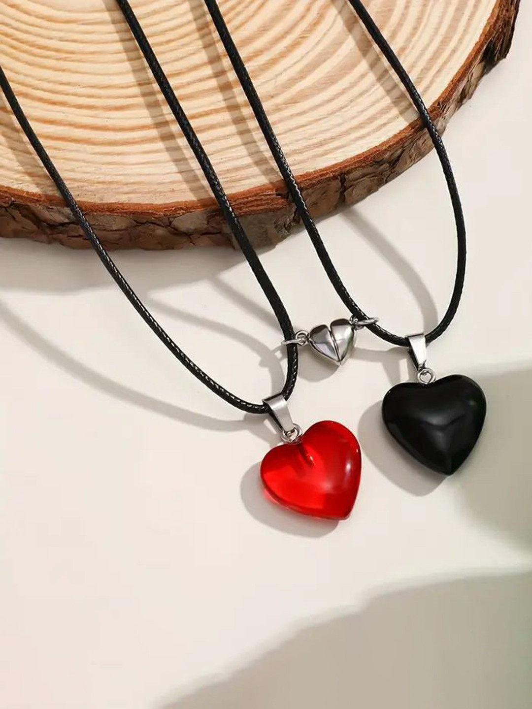 

MEENAZ Stainless Steel Heart Shaped Couple Valentine Chunky Pendants With Chains, Red