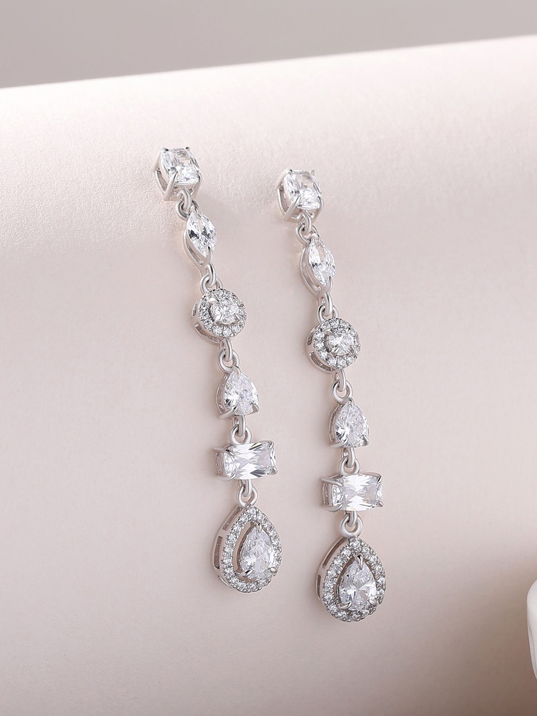 

Ornate Jewels 925 Sterling Silver Rhodium-Plated American Diamond Classic Drop Earrings, White