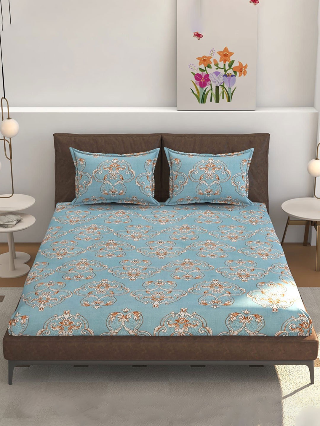

CLIO'S HERITAGE STORE Turquoise Blue 210 TC Cotton Queen Bedsheet Set 1.77 m x 1.82 m
