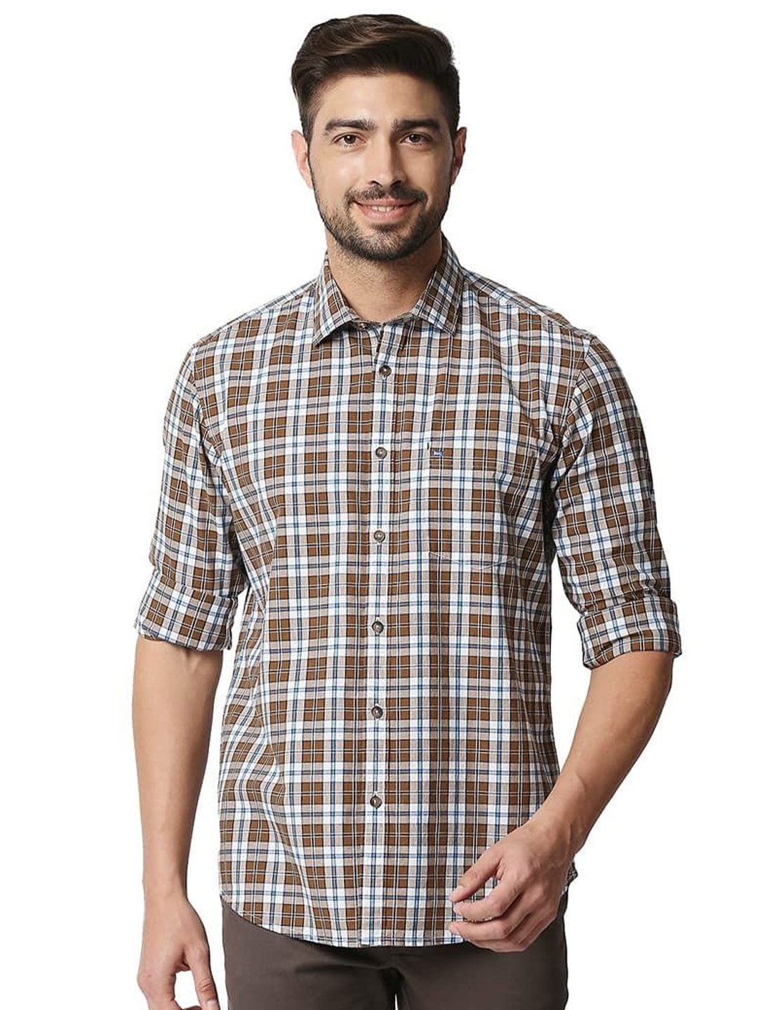 

Basics Men Relaxed Slim Fit Spread Collar Checked Cotton Casual Shirt, Khaki