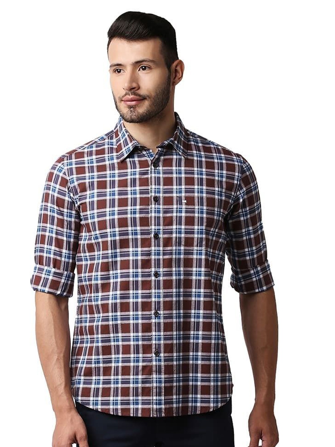 

Basics Men Relaxed Fit Spread Collar Checked Cotton Casual Shirt, Brown