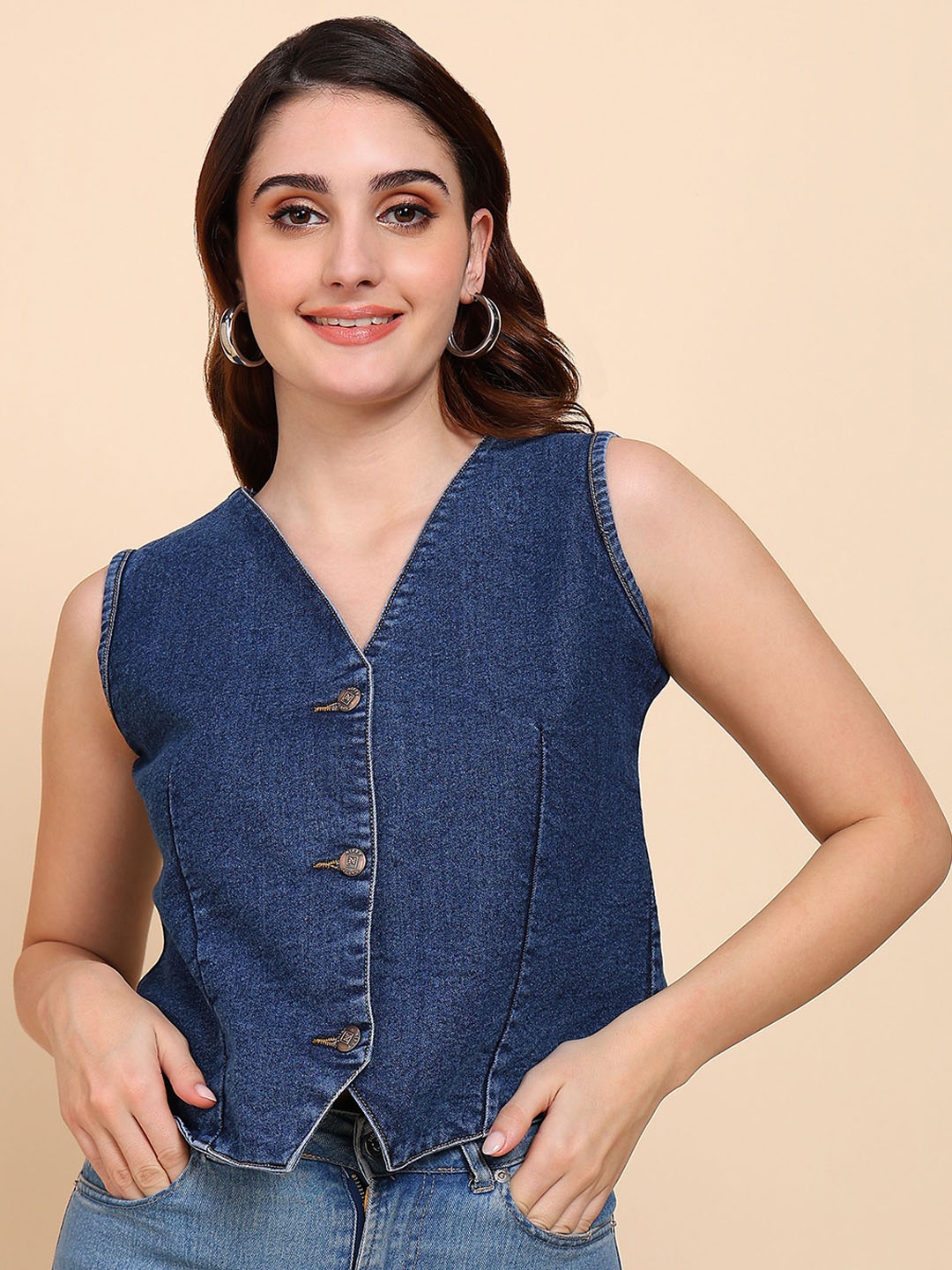 

Nifty V-Neck Denim Waistcoat, Blue