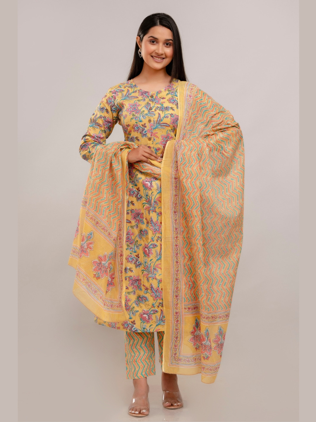 

RAAKA Floral Printed Round Neck Pure Cotton Straight Kurta With Trousers And Dupatta, Yellow