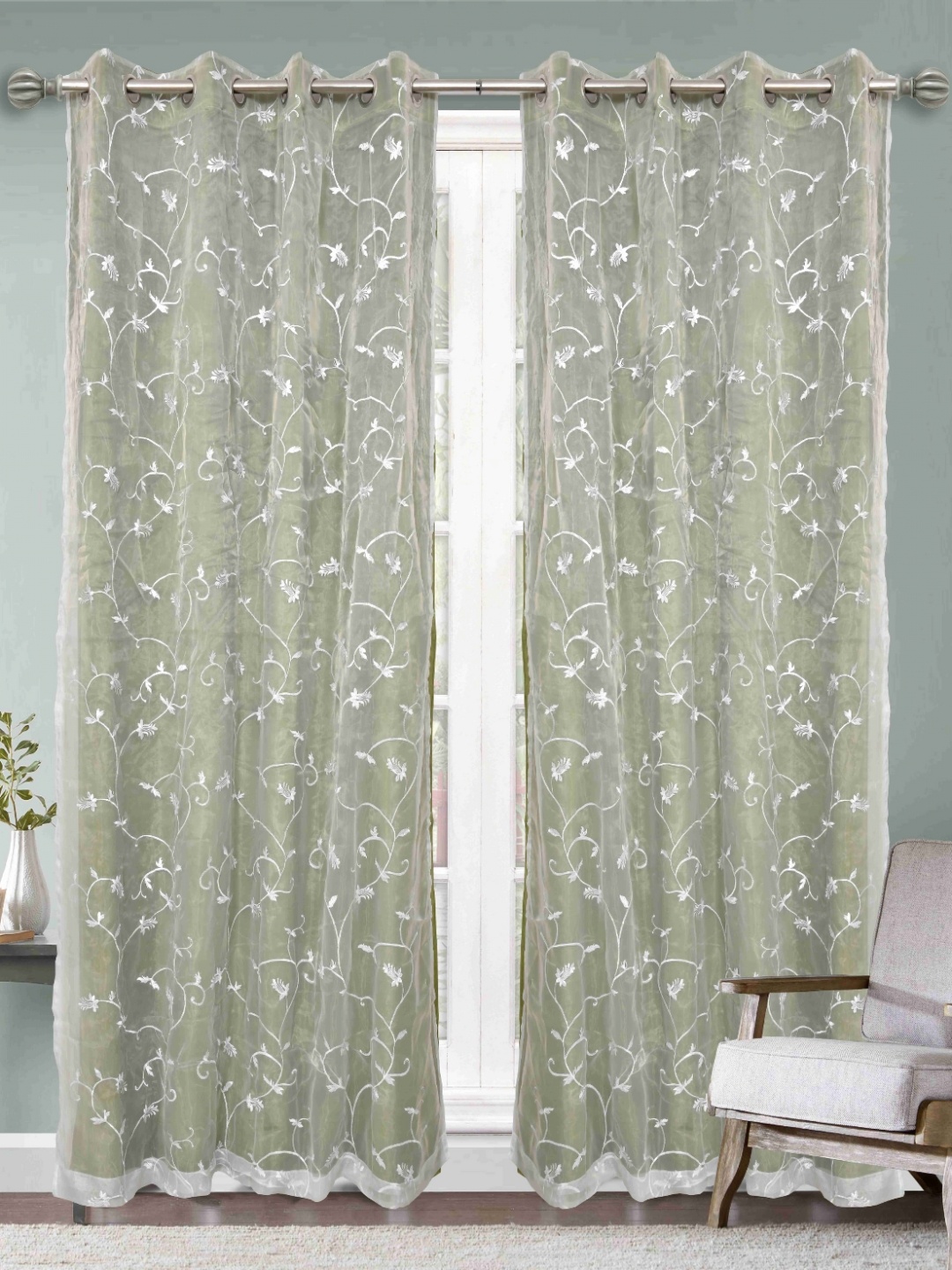 

Aura White And Green 2 Pieces Embroidered Long Door Rod Pocket Velvet Curtains