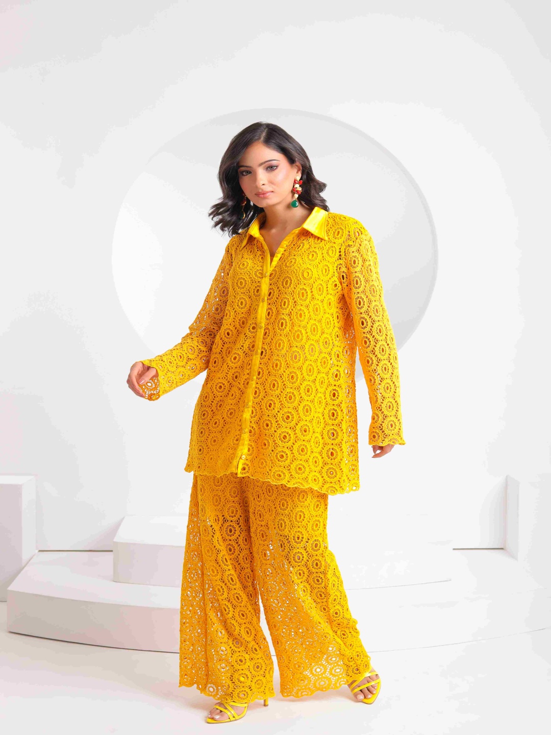 

The Front Row Self Design Shirt And Palazzos, Yellow