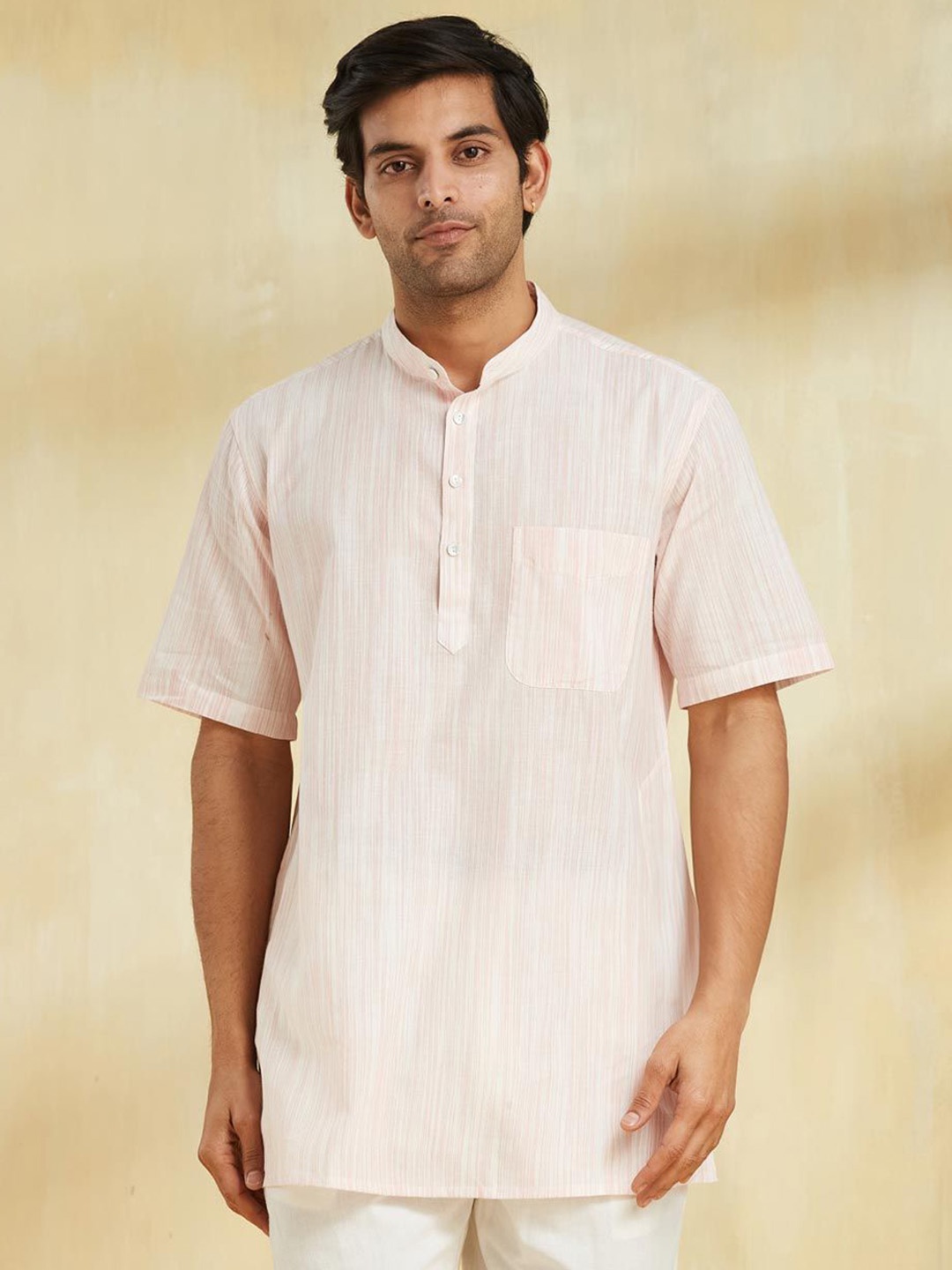

Fabindia Woven Design Mandarin Collar Straight Pure Cotton Short Kurta, Pink
