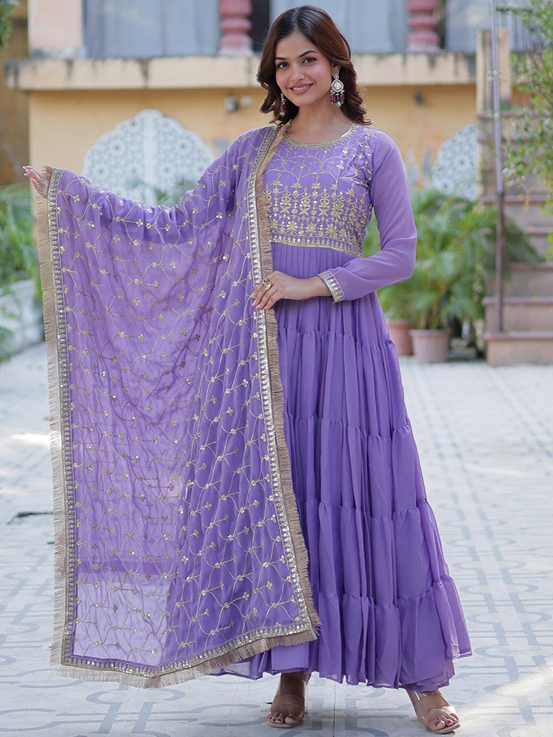 

JATRIQQ Star Georgette With Designer Embroidered Work Gown With Dupatta, Lavender