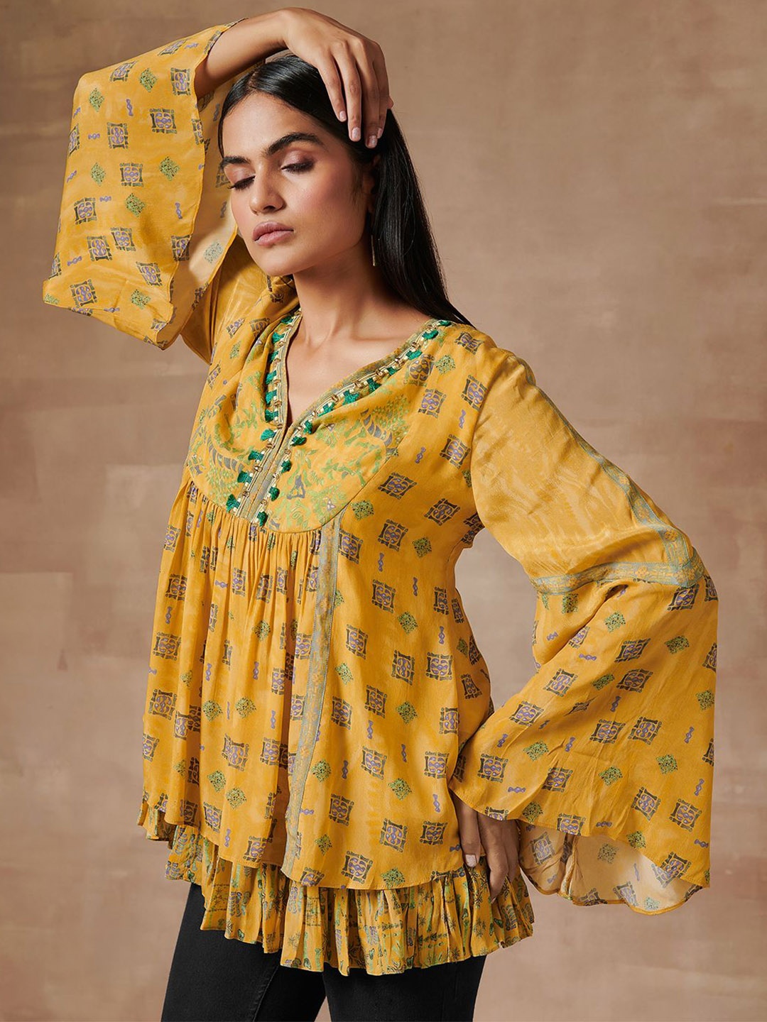 

SAUNDH Ethnic Motifs Printed Gathered or Pleated Flared Sleeve Top, Yellow