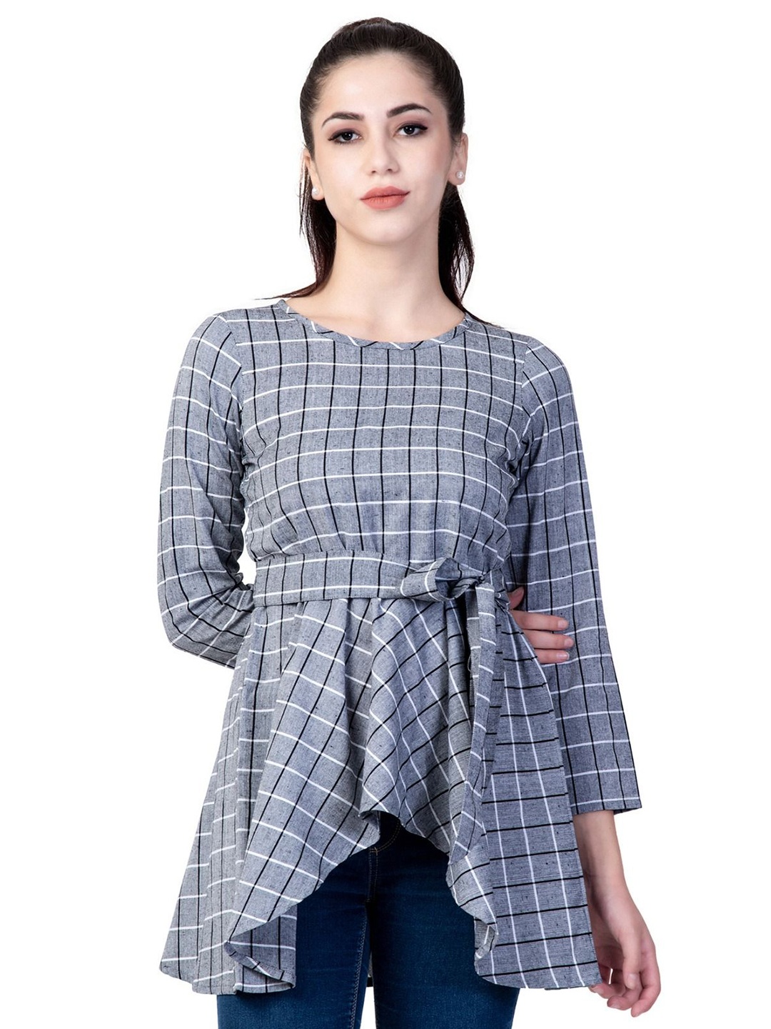 

God Bless Women Checked Printed Cotton Peplum Longline Top, Grey