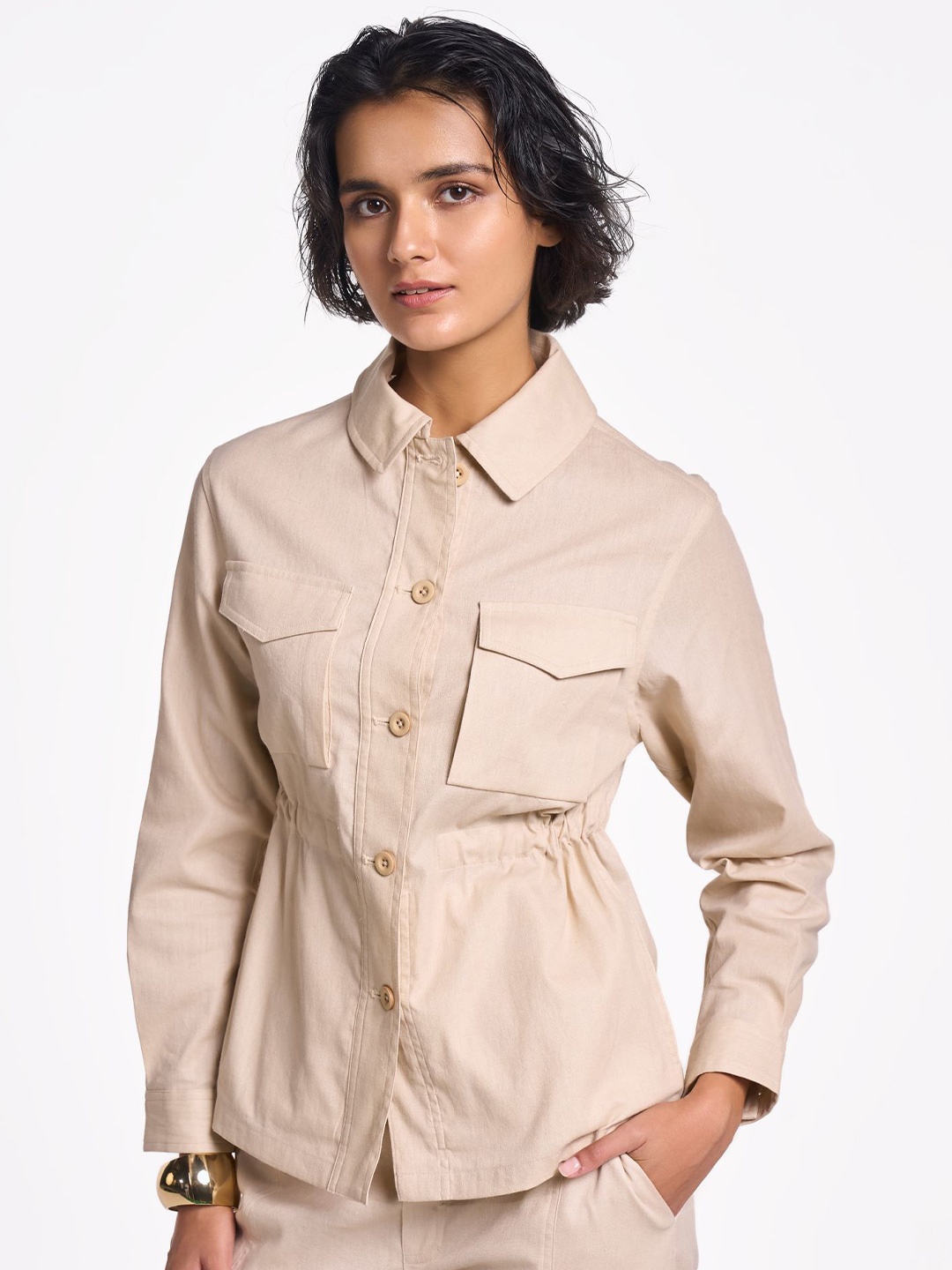 

Terra Luna Women Smart Fit Spread Collar Solid Cotton Casual Shirt, Beige