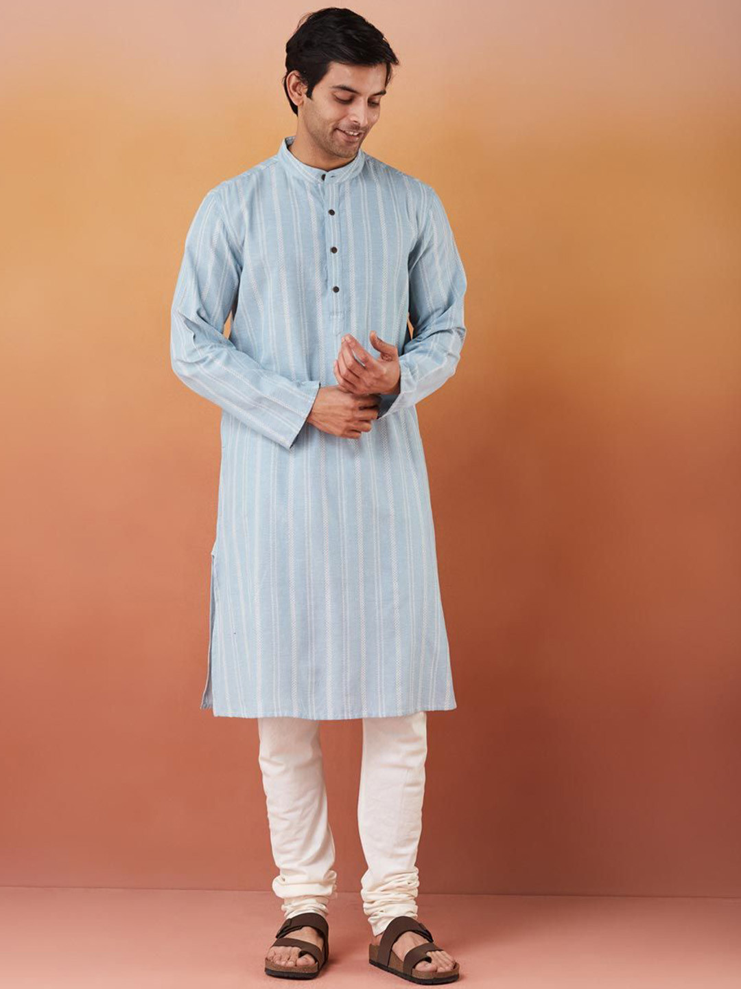

Fabindia Striped Woven Mandarin Collar Straight Kurta, Blue