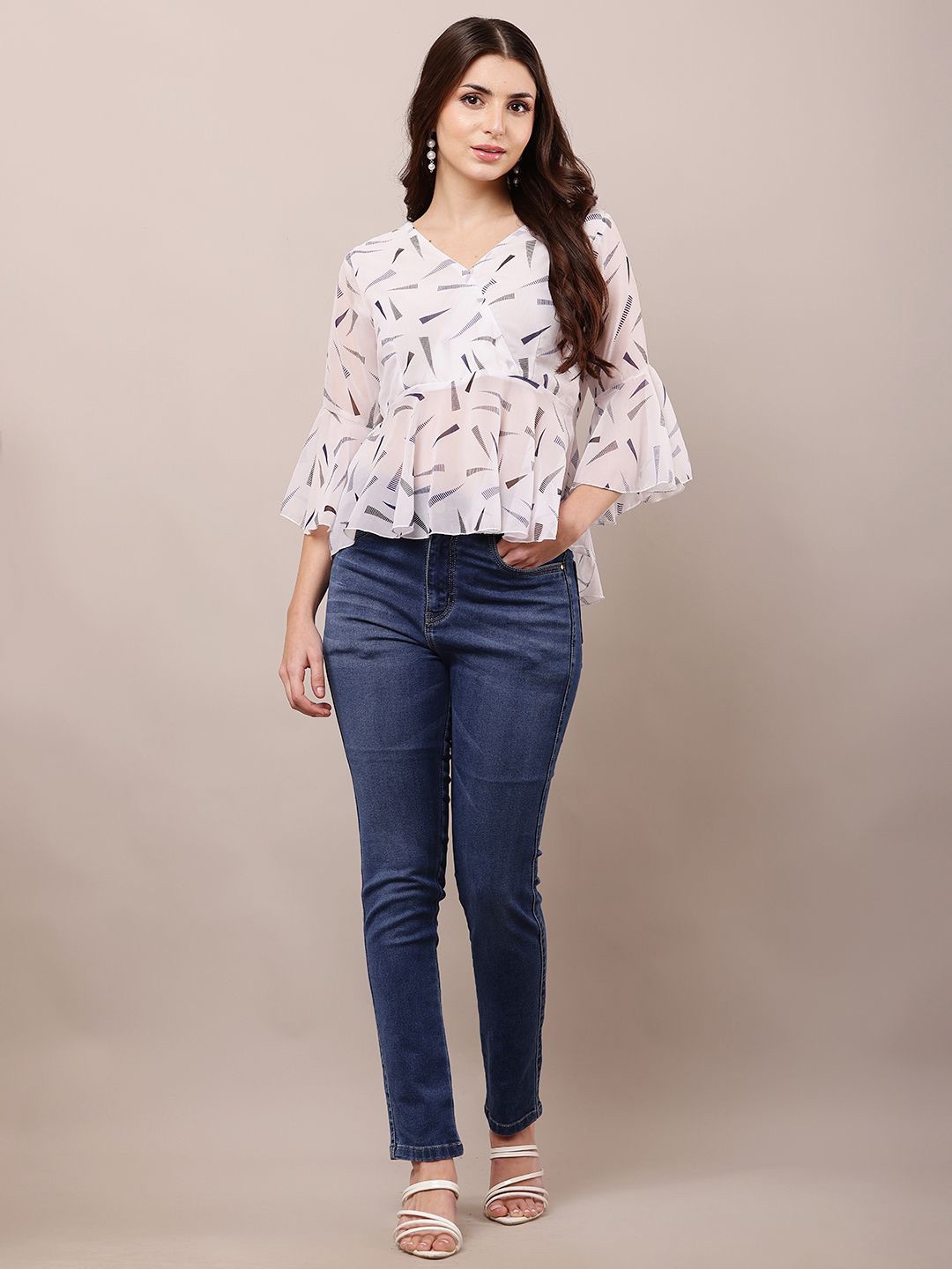 

Raabta Fashion Floral Print Bell Sleeve Georgette Top, White