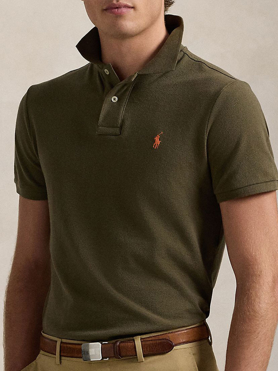 

Polo Ralph Lauren Men Solid Polo Collar Cotton Slim Fit T-shirt, Olive