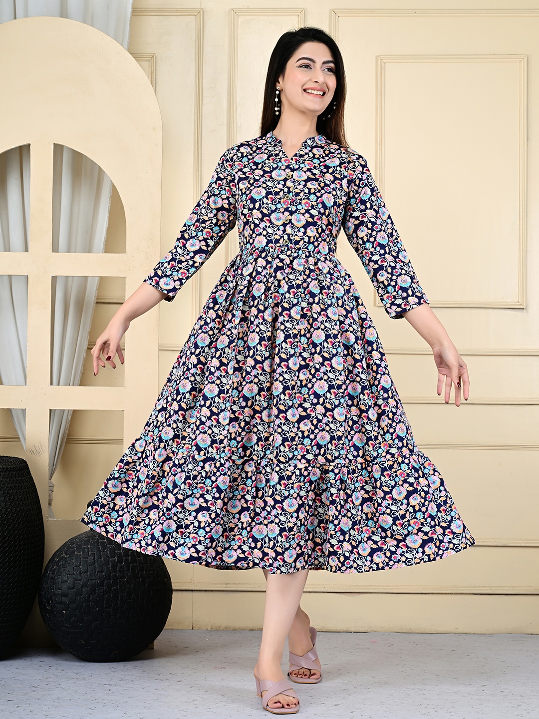 

FebQ Floral Printed Mandarin Collar Pure Cotton Tiered Anarkali Kurta, Navy blue