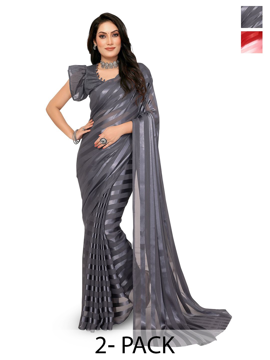

Moda Rapido Set of 2 Striped Satin Sarees, Grey