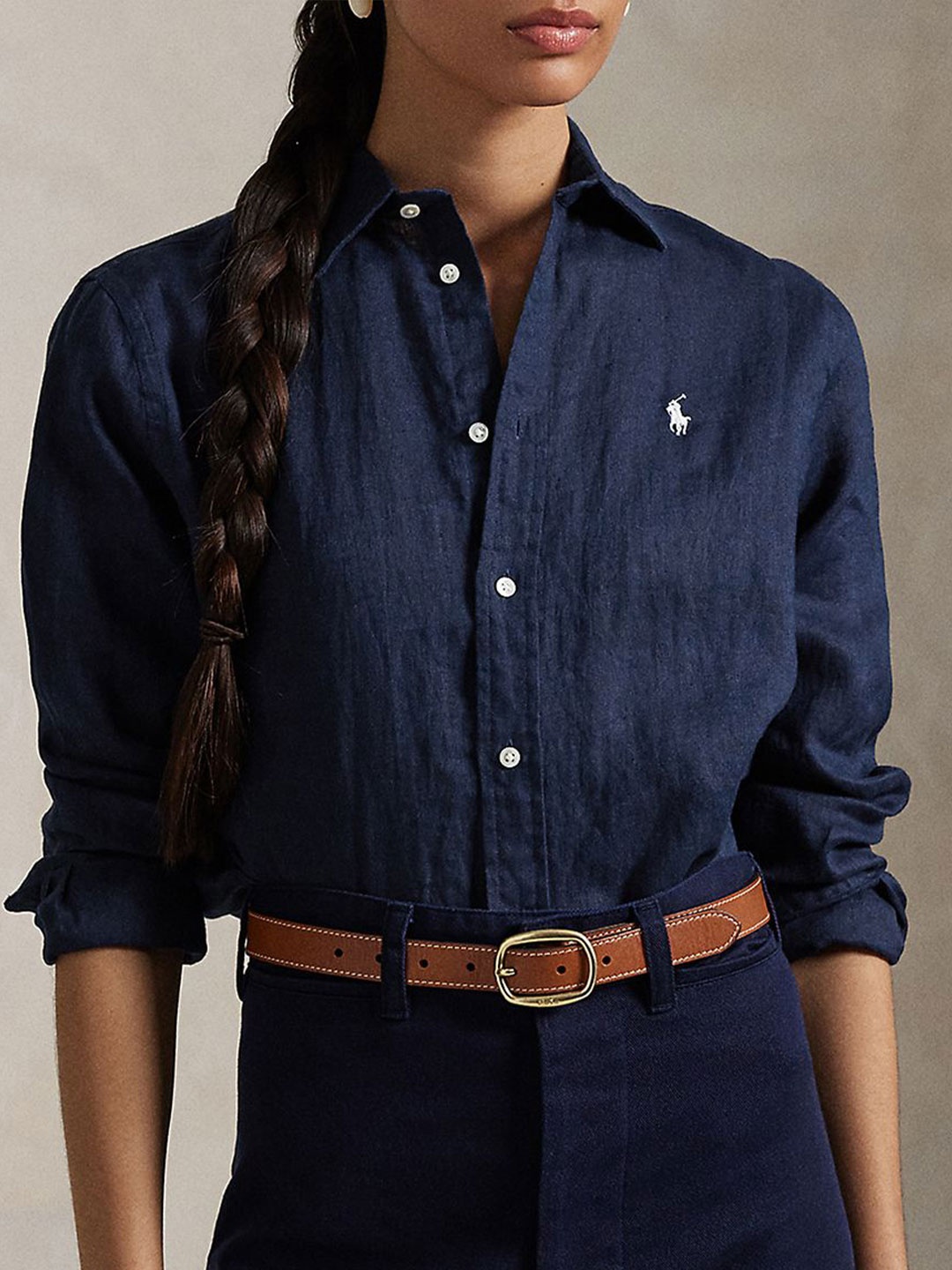 

Polo Ralph Lauren Women Spread Collar Solid Linen Casual Shirt, Navy blue