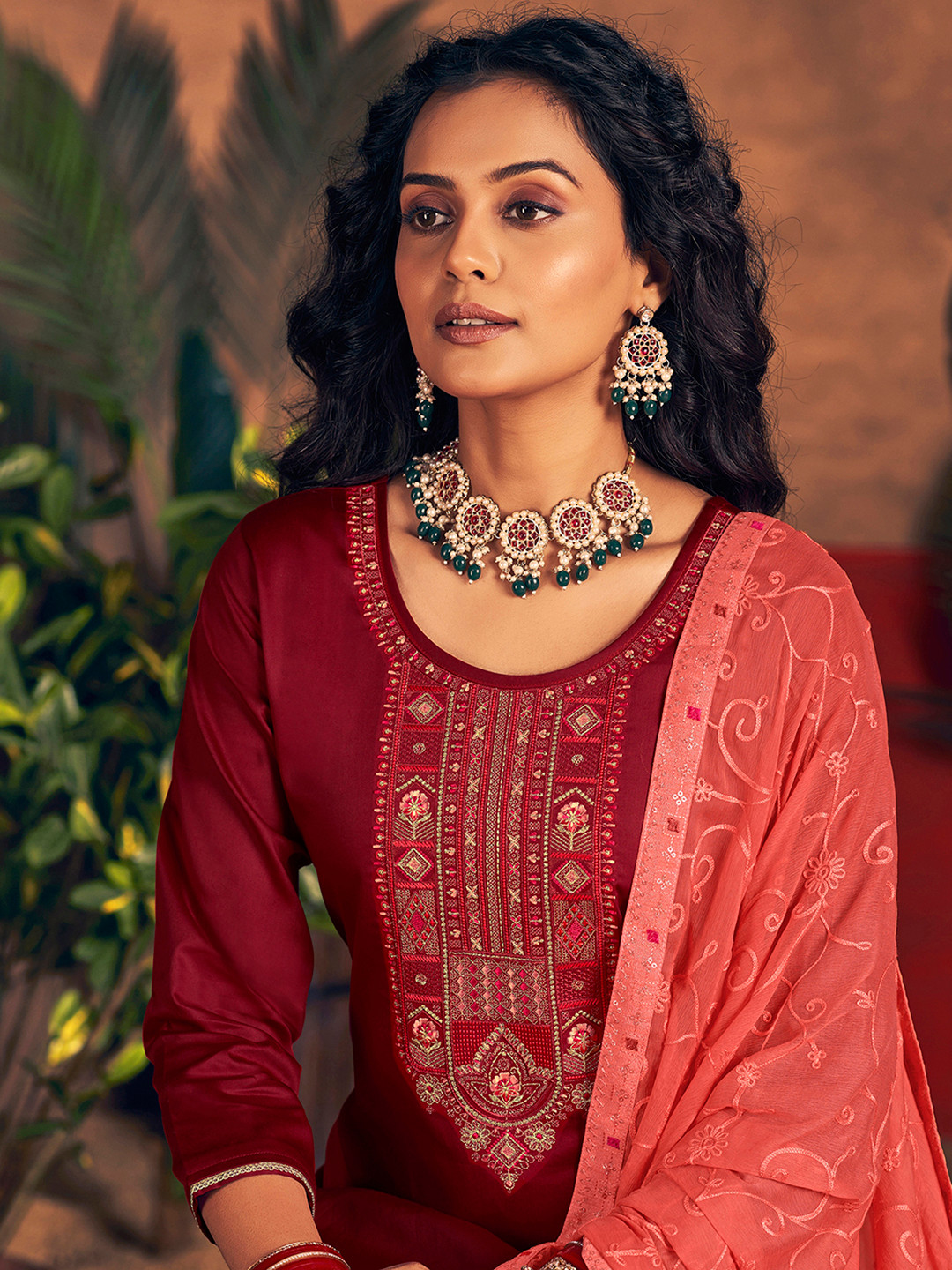 

Anouk Ethnic Motifs Embroidered Unstitched Dress Material, Maroon