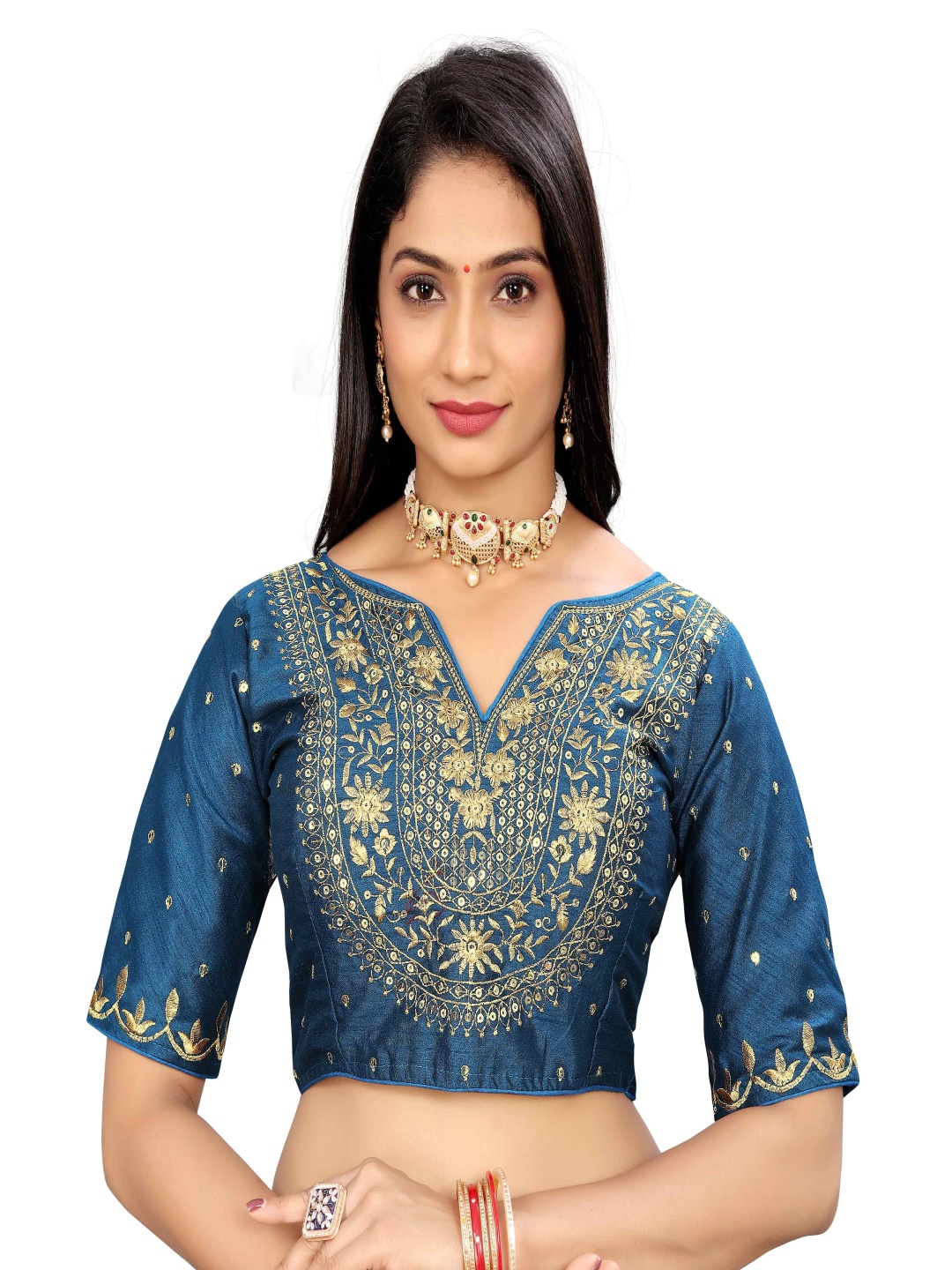 

HERE&NOW V Neck Embroidery Work Saree Blouse, Navy blue