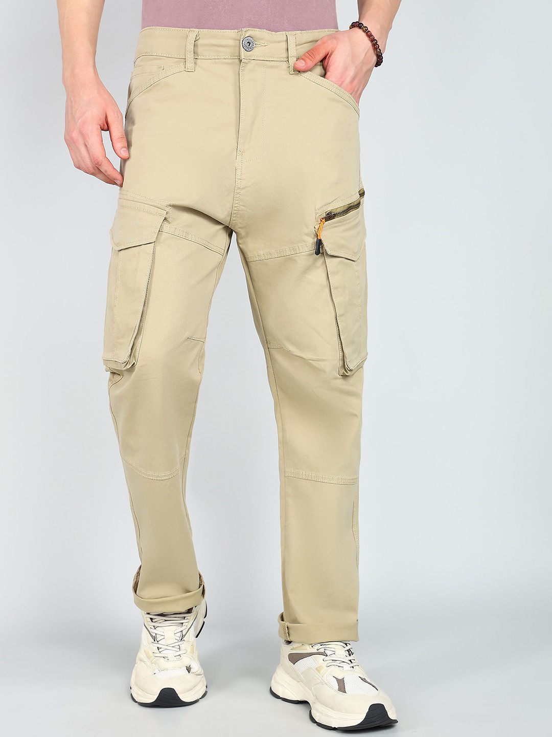 

BAESD Men Relaxed Regular Fit Mid-Rise Cotton Cargos, Beige