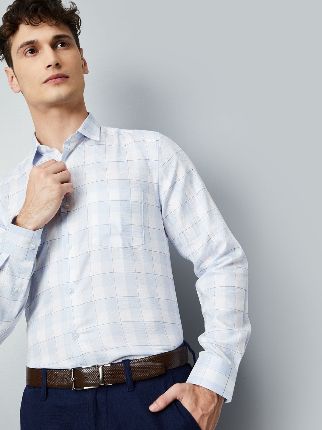 

max Men Spread Collar Buffalo Checked Cotton Formal Shirt, Blue