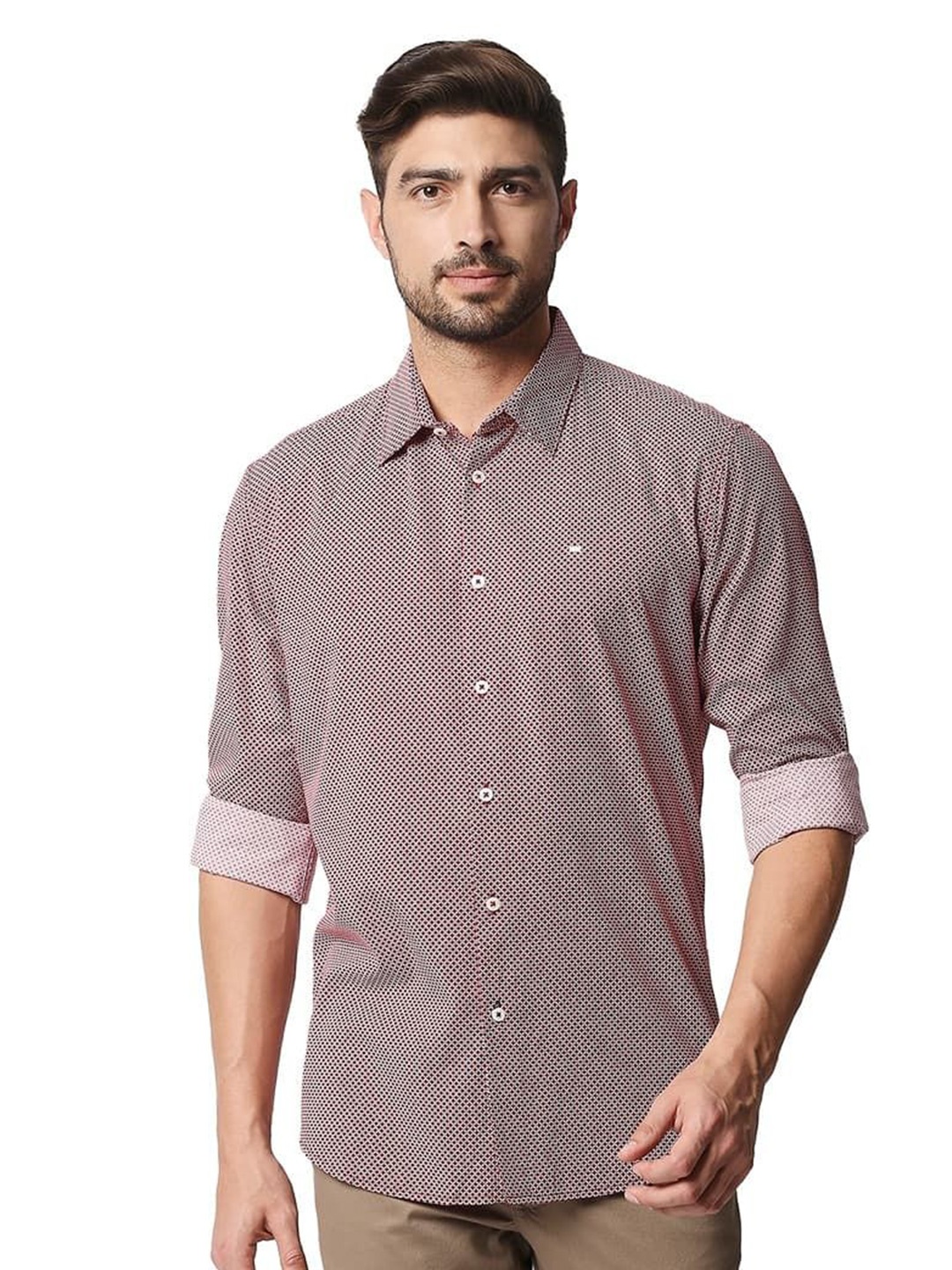 

Basics Men Relaxed Fit Spread Collar Geometric Printed Cotton Casual Shirt, White
