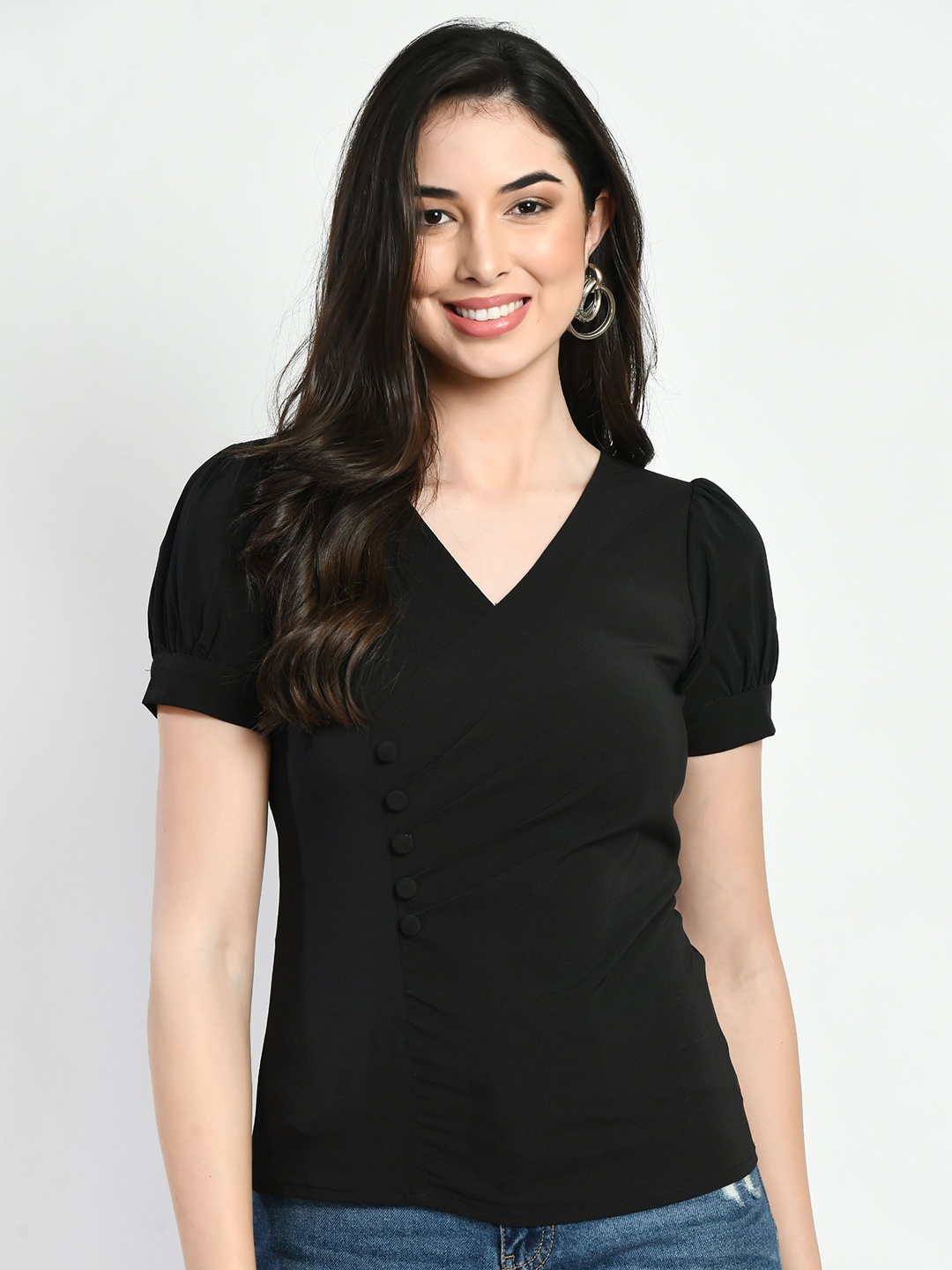 

Fruba Women Solid V-Neck Top, Black