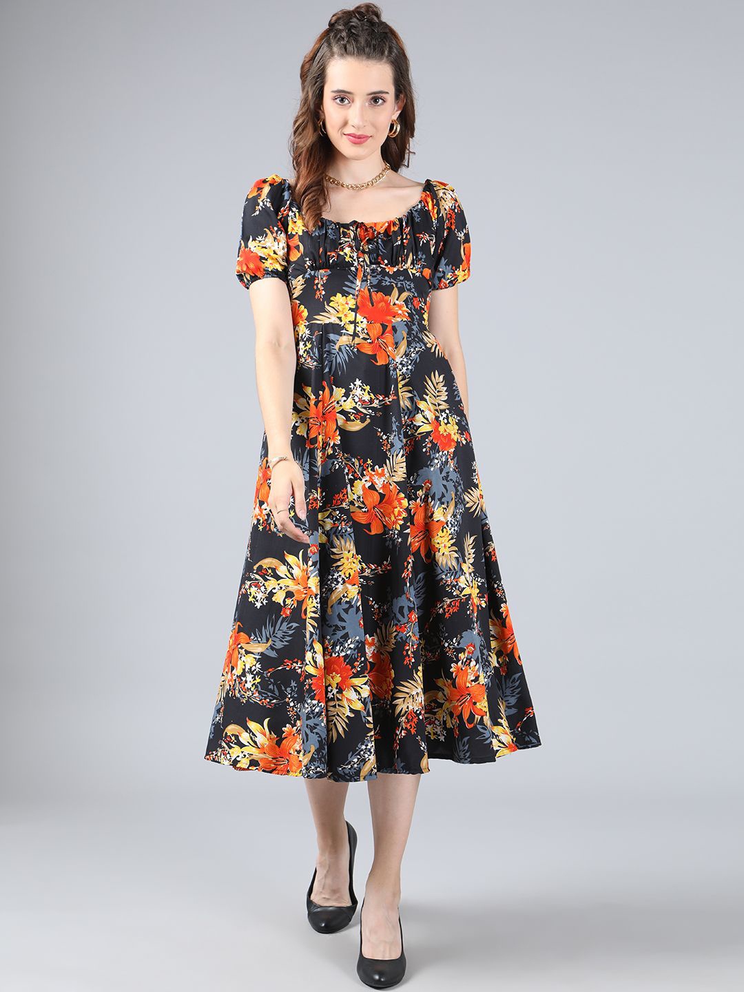 

Moda Rapido Women Floral Printed Puff Sleeves Fit & Flare Midi Dress, Black