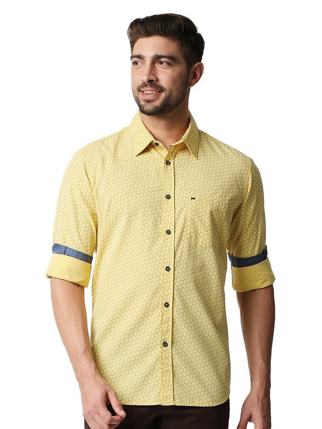 

Basics Men Relaxed Fit Spread Collar Geometric Printed Cotton Casual Shirt, Yellow