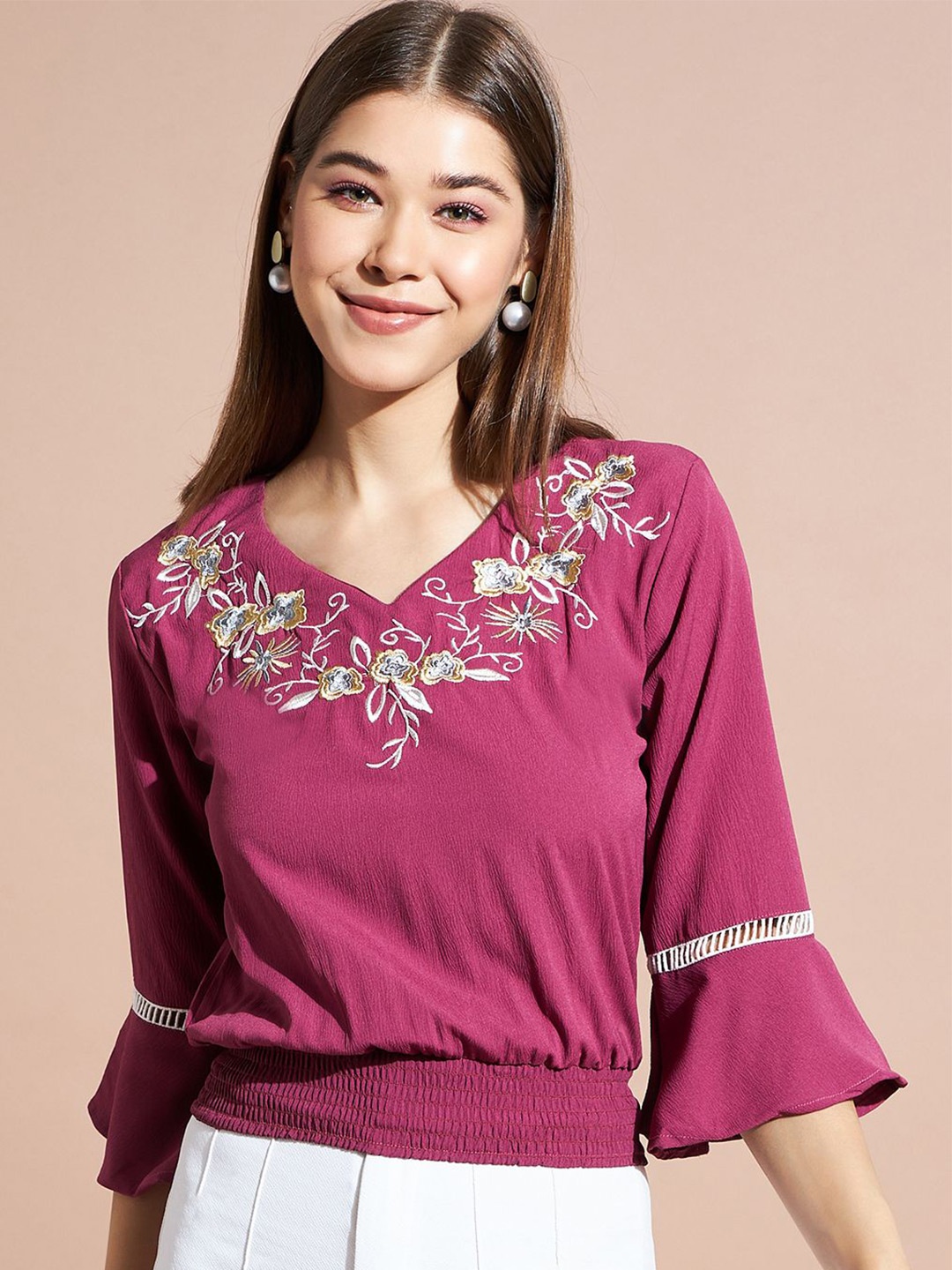 

DressBerry Floral Embellished Bell Sleeve Crepe Blouson Crop Top, Burgundy