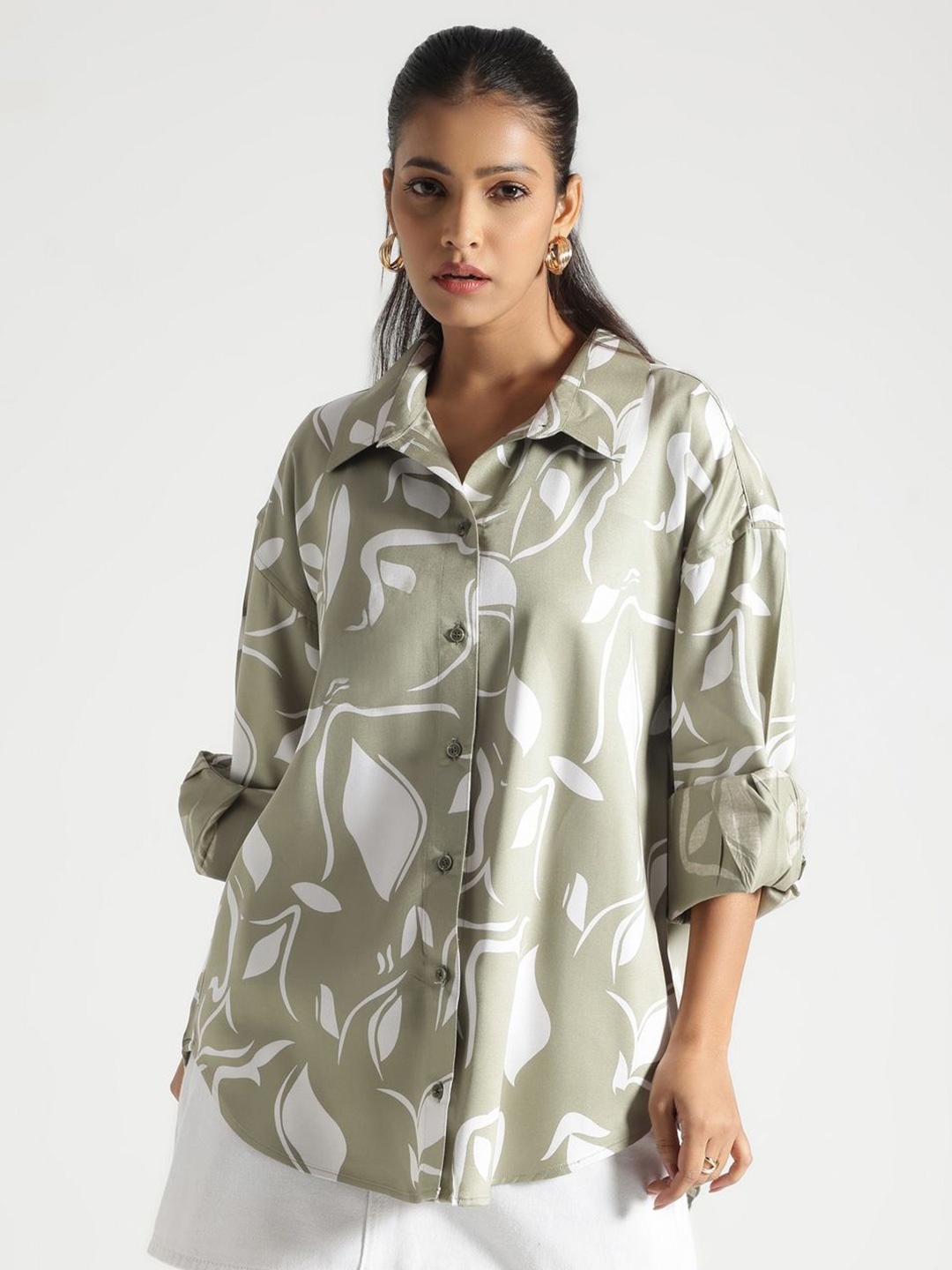 

Code 61 Women Comfort Oversized Fit Spread Collar Abstract Printed Cotton Casual Shirt, Green