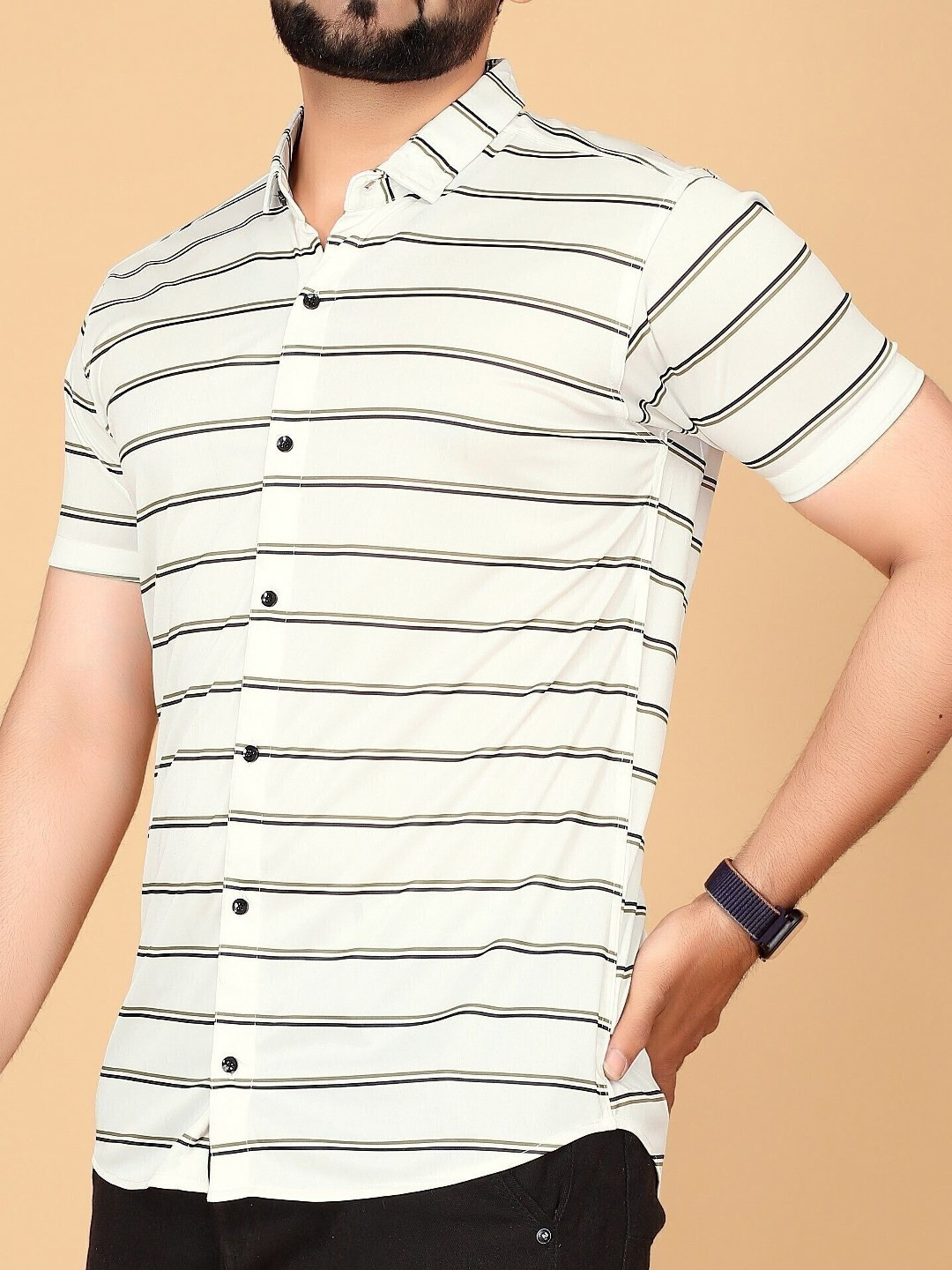 

FABRIPPLE Men Striped Polo Collar Pockets T-shirt, White