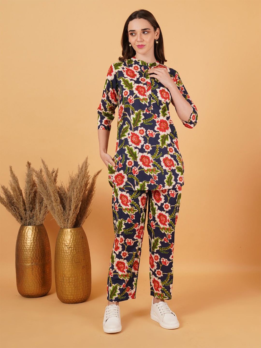 

FebQ Printed Mandarin Collar Pure Cotton Tunic & Trousers, Blue