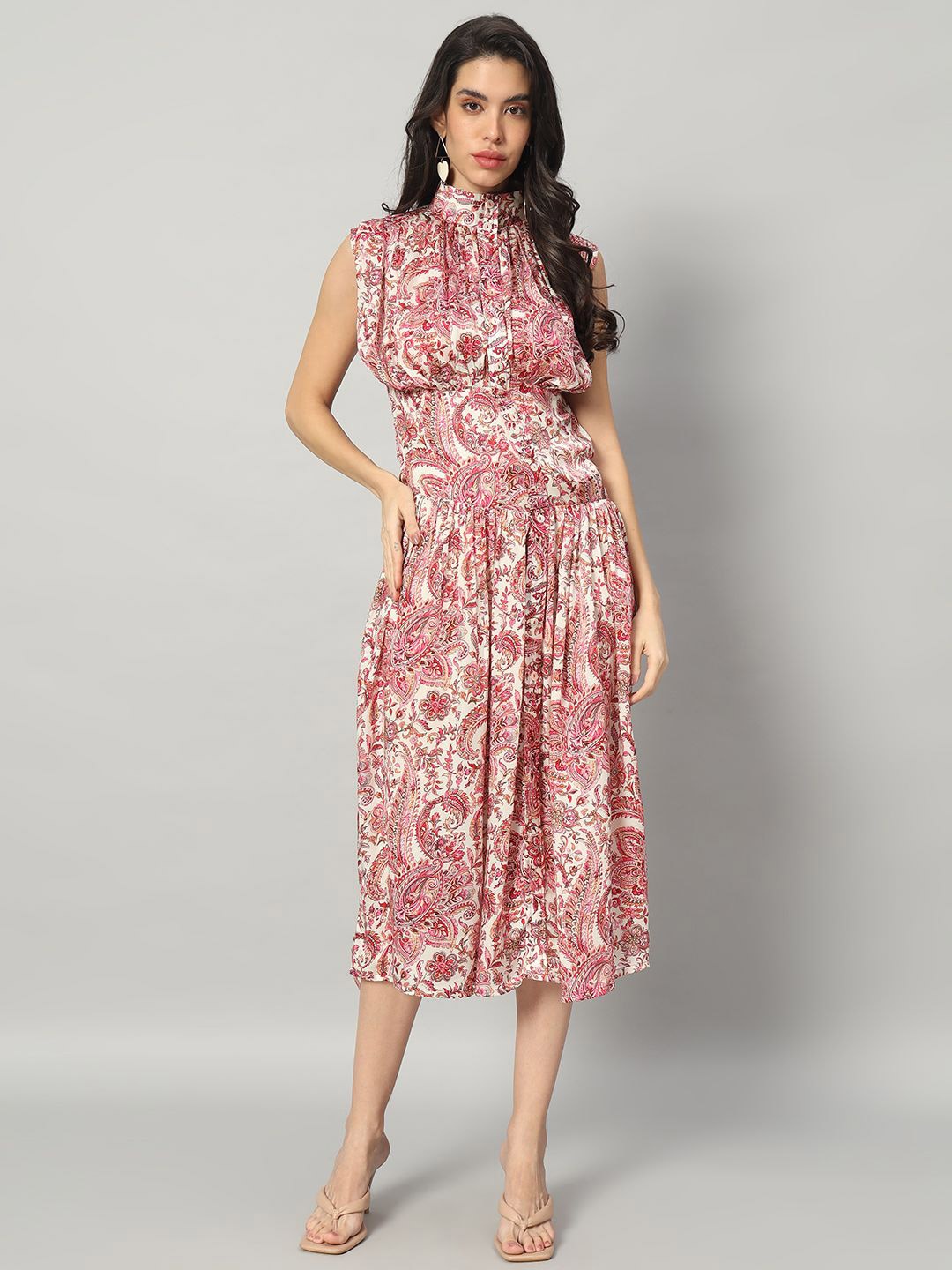 

BRIJAL LAD Women Blush Paisley Printed Satin Fit & Flare Midi Dress, White