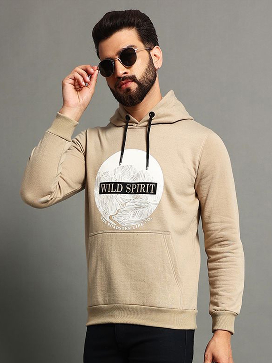 

OGEN Men Printed Hooded Pullover Sweatshirt, Beige