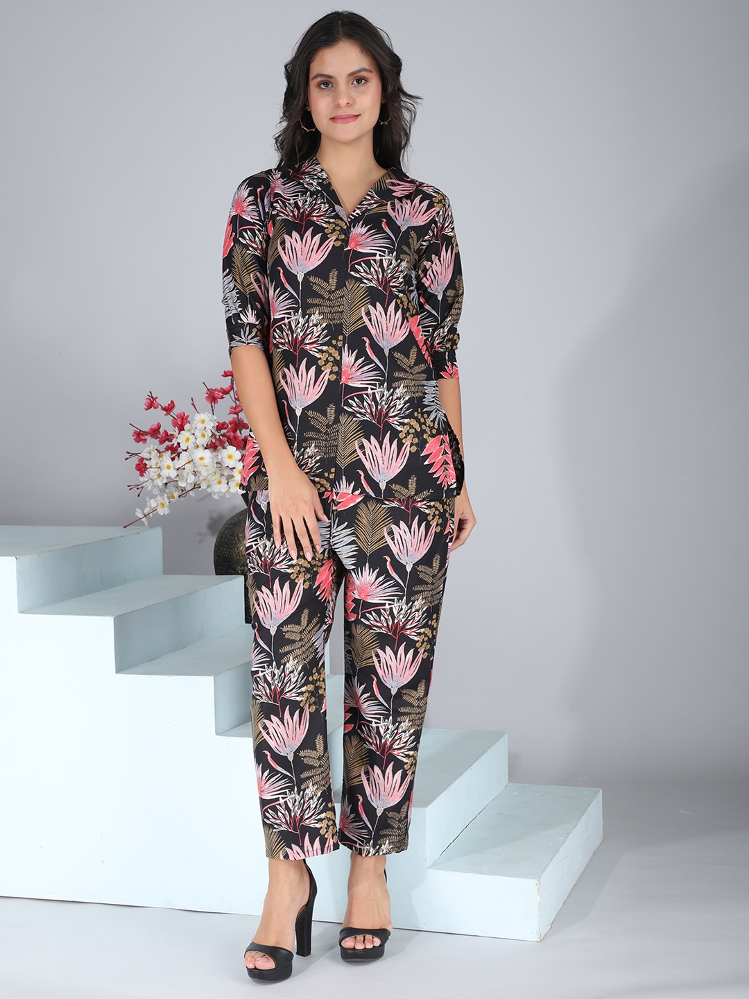 

StyFun Floral Printed V-Neck Tunic With Trouser, Black