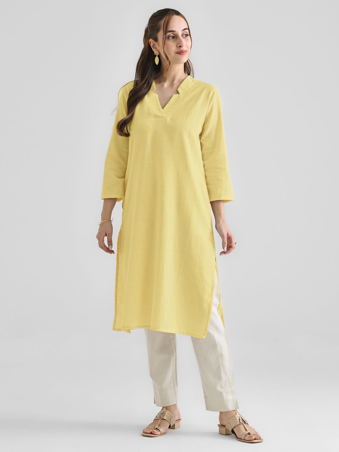 

Rustorange Linen Cotton Notch V Neckline Detail Kurta, Yellow