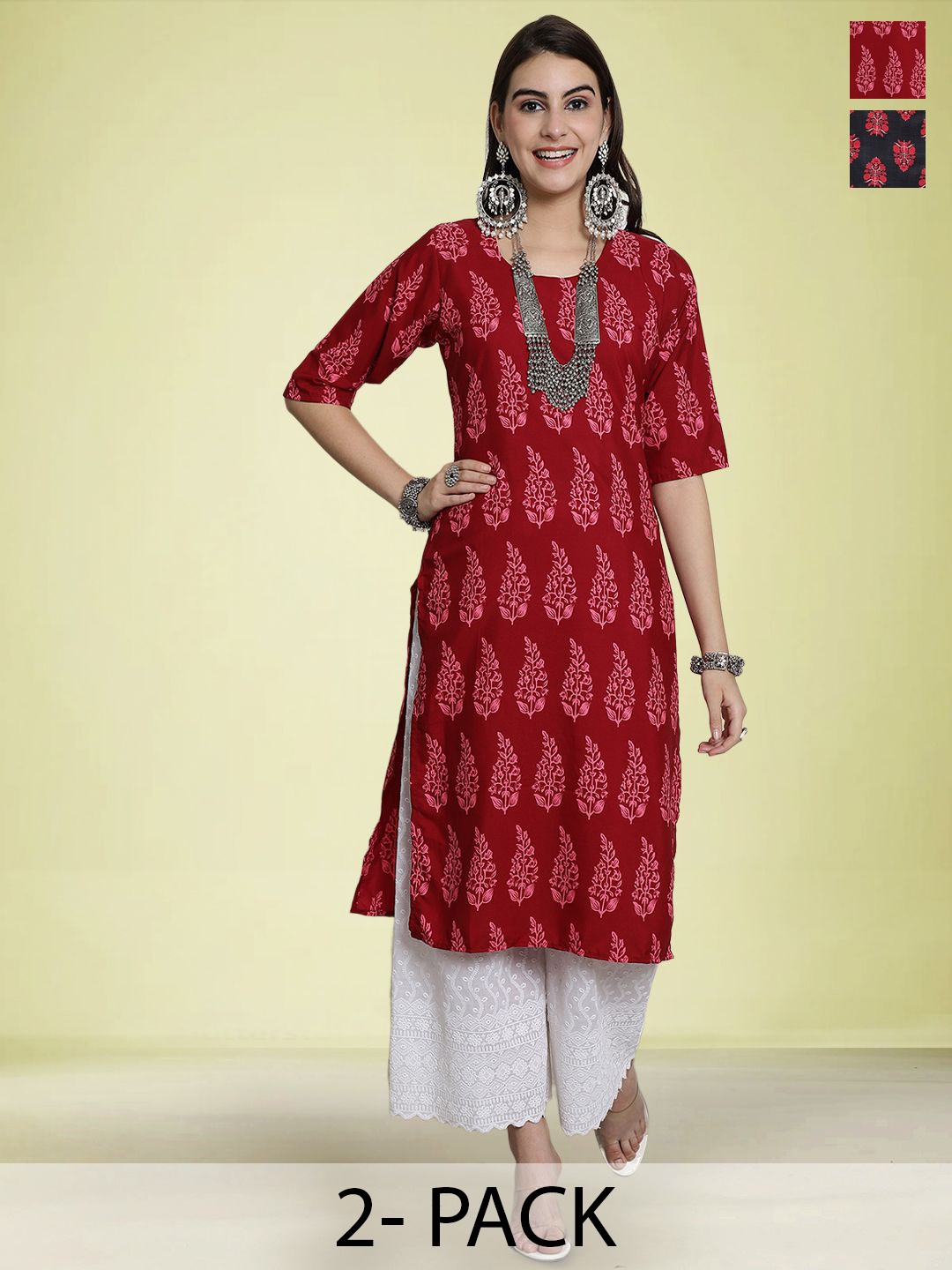 

Moda Rapido Set of 2 Printed Round Neck Straight Kurtas, Red