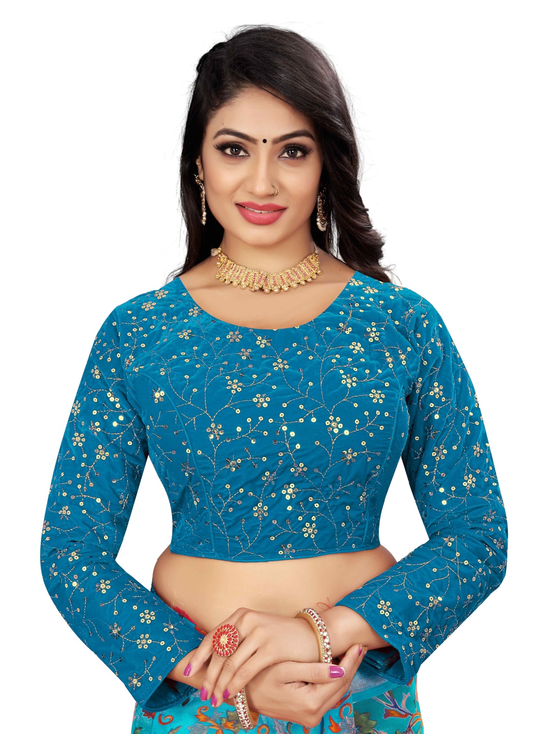 

HERE&NOW Women Embroidered Velvet Princess Cut Long Sleeve Saree Blouse, Blue