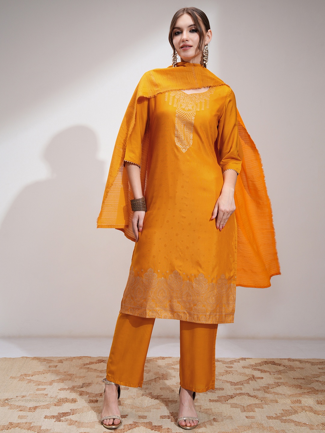 

Vishudh Women Straight Jacquard Kurta With Pants & Dupatta, Orange
