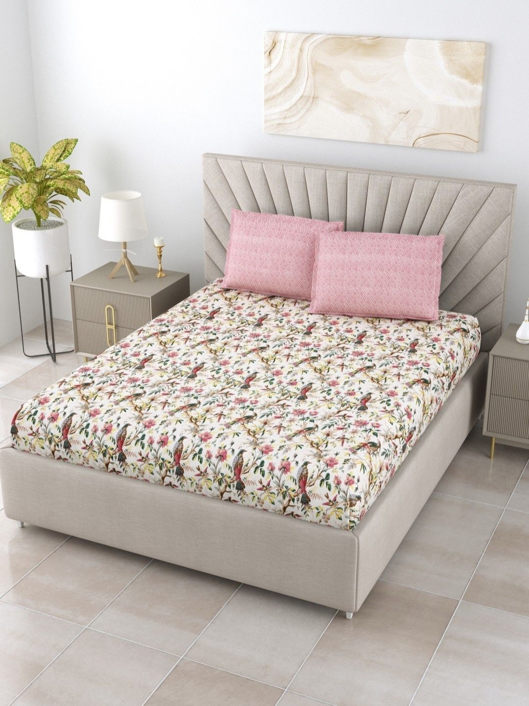 

Aura White & Pink Floral 120 TC King Bedsheet with 2 Pillow Covers