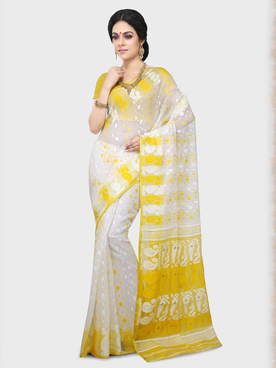 

Crochetin Woven Design Pure Cotton Ready to Wear Jamdani Saree, White
