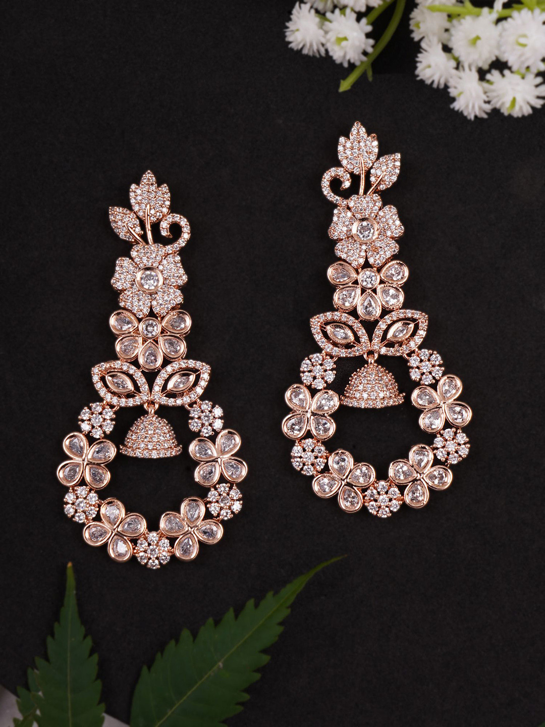 

Adwitiya Collection Rose Gold-Plated Cubic Zirconia Studded Floral Shaped Drop Earrings