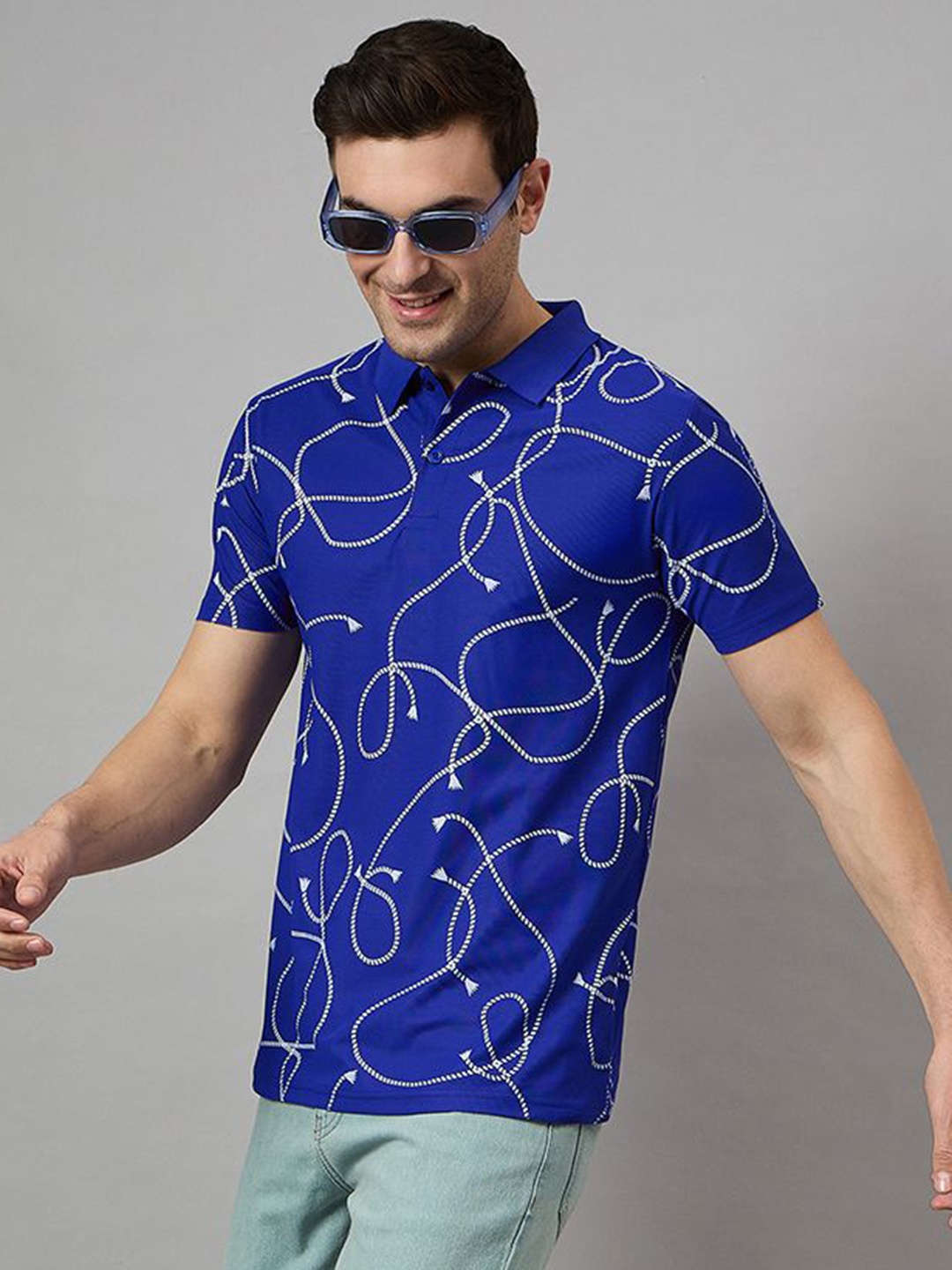 

BRONATION Men Abstract Printed Polo Collar Cotton T-shirt, Blue