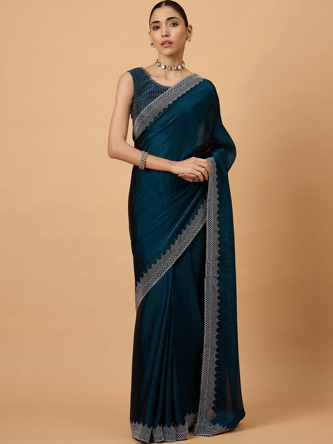 

all about you Beads and Stones Pure Chiffon Saree, Teal