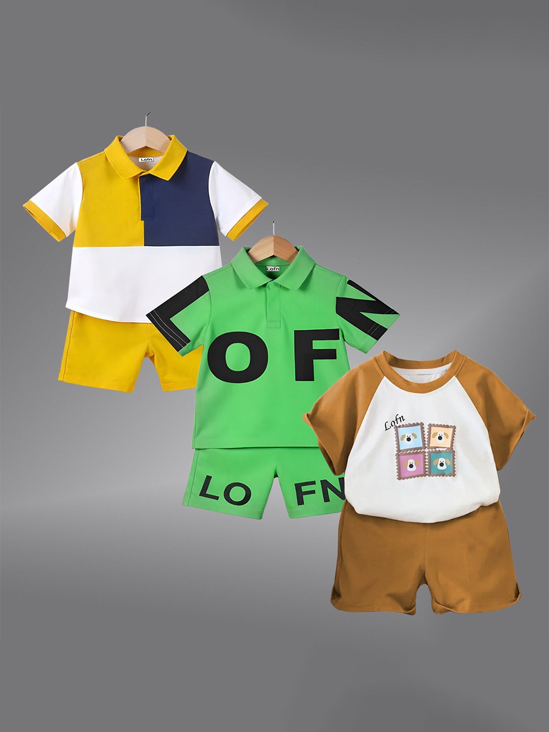 

Lofn Kids Pack Of 3 Colourblocked Short Sleeves T-Shirt With Shorts, Green