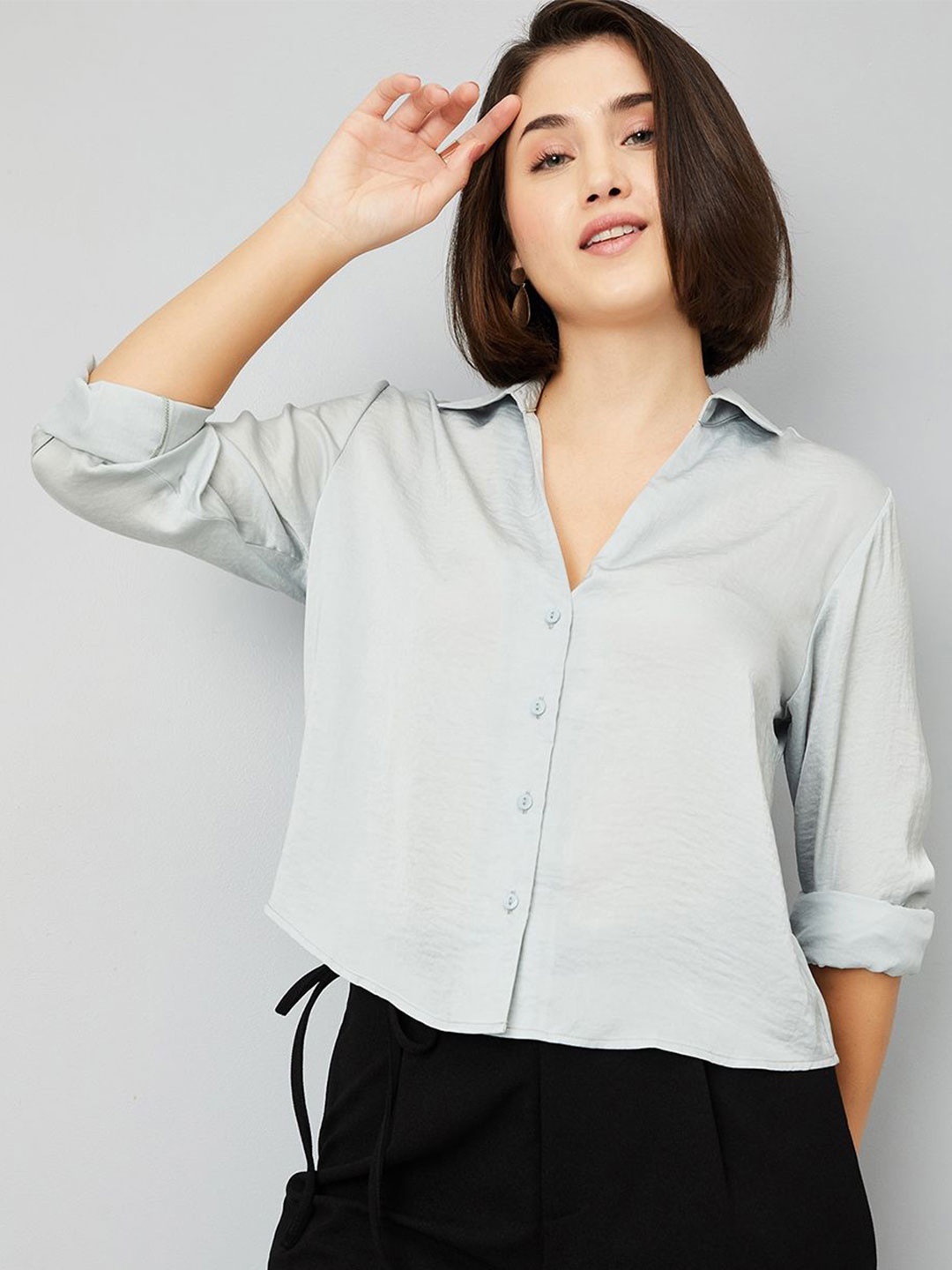 

max Women Spread Collar Solid Casual Shirt, Grey