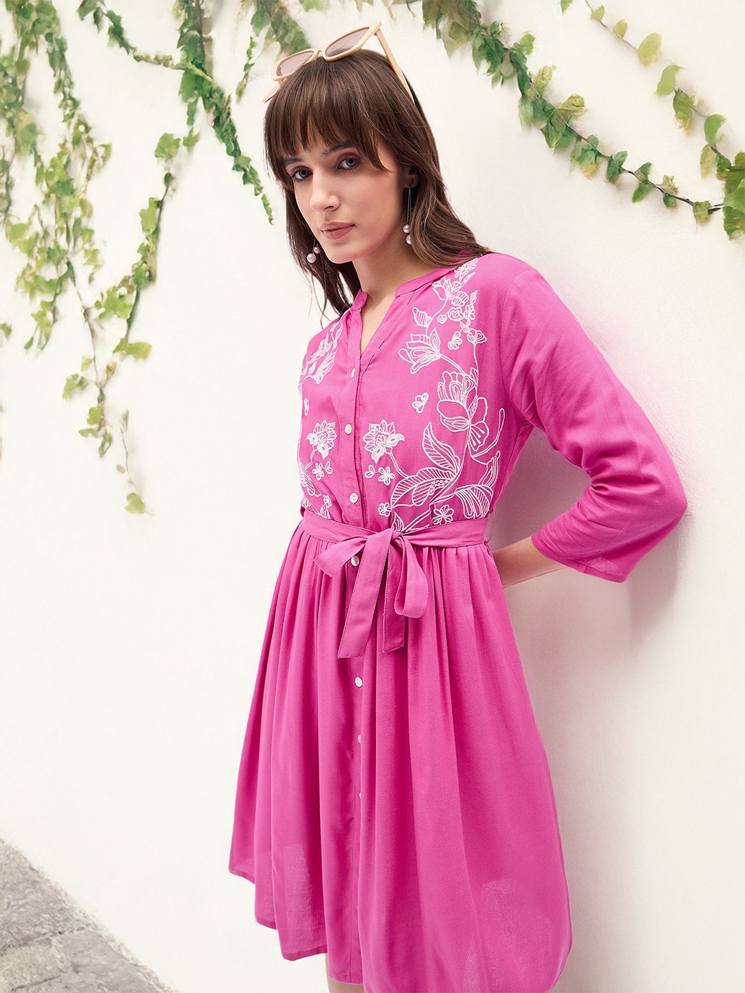 

all about you Pink Dyed With Embroidery at Front Flared Knee Length Dress